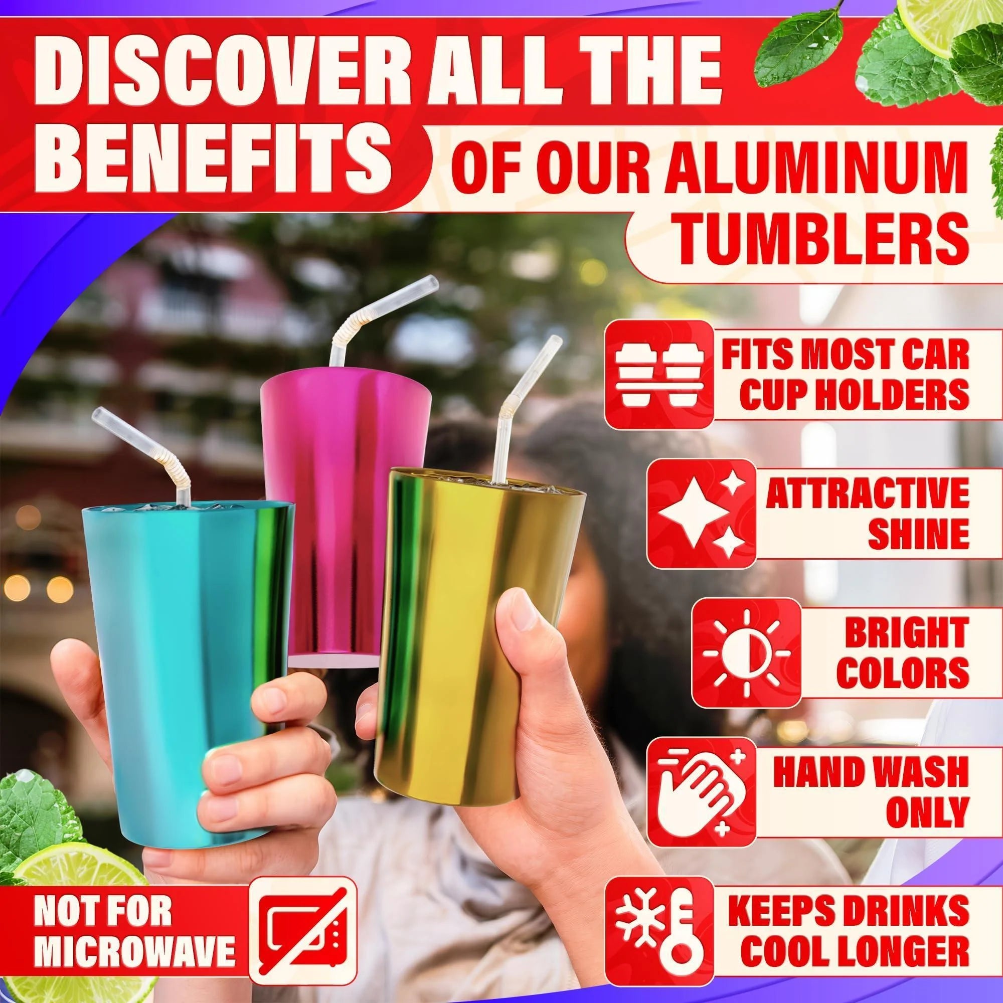 6 Pcs Aluminum Tumblers 15 Oz Lightweight Durable and Reusable Metal Cups Vibrant Festive Colors for Hot and Cold Beverages Sturdy Anodized Design for Parties and Outdoor Use Hand Wash Only