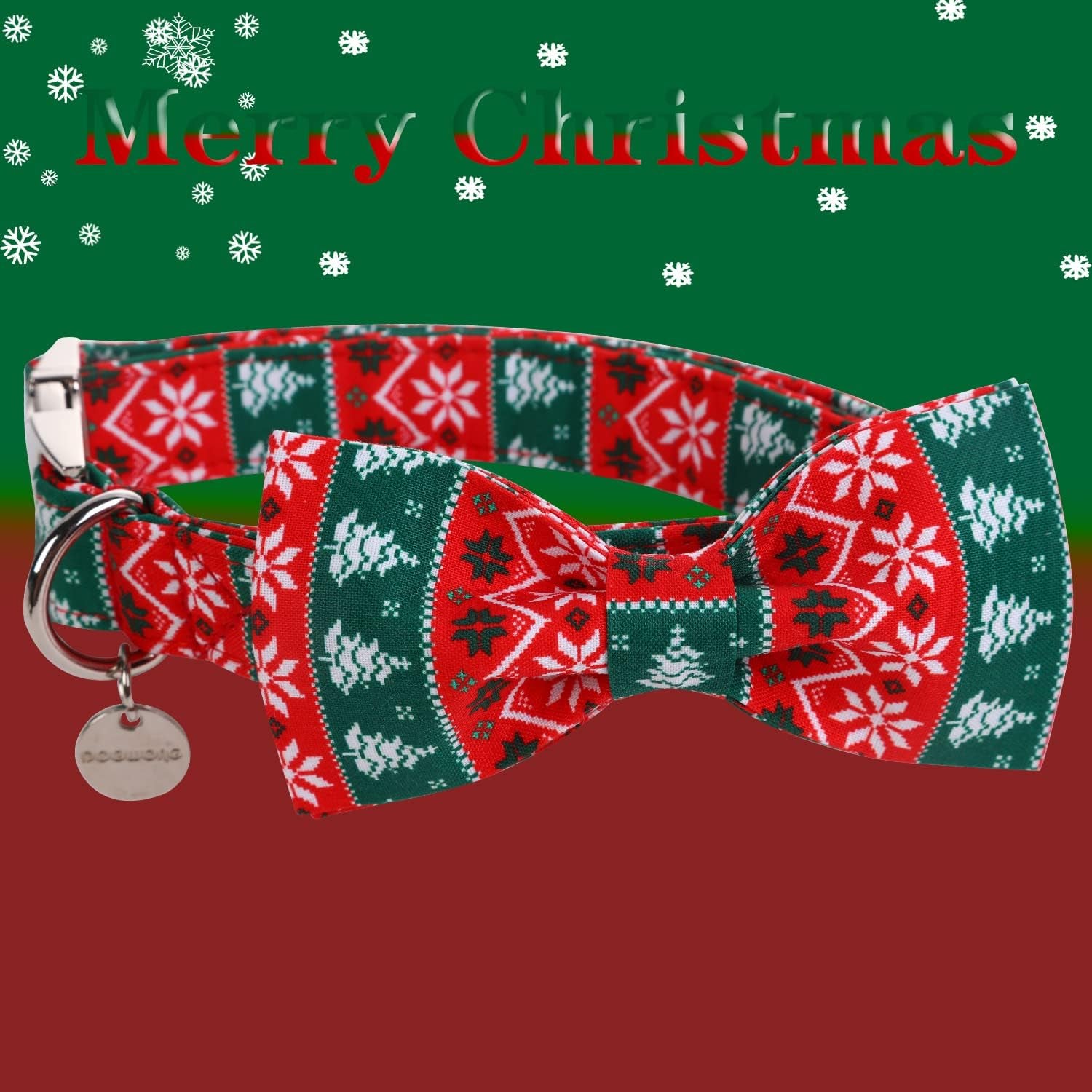 Christmas Dog Collar with Bow Tie, Red Green Strip Snowflake Dog Collar Soft Durable Adjustable Cotton Puppy Collar for Small Medium Large Dog