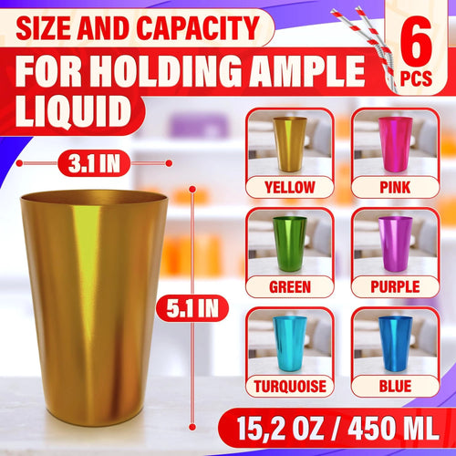 6 Pcs Aluminum Tumblers 15 Oz Lightweight Durable and Reusable Metal Cups Vibrant Festive Colors for Hot and Cold Beverages Sturdy Anodized Design for Parties and Outdoor Use Hand Wash Only