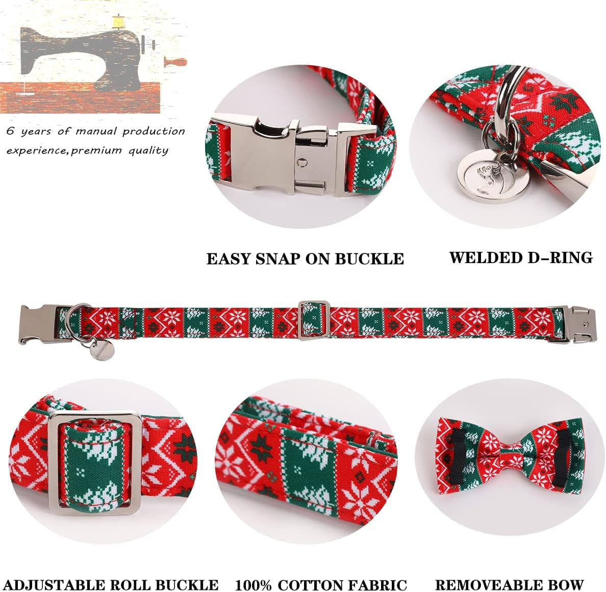 Christmas Dog Collar with Bow Tie, Red Green Strip Snowflake Dog Collar Soft Durable Adjustable Cotton Puppy Collar for Small Medium Large Dog